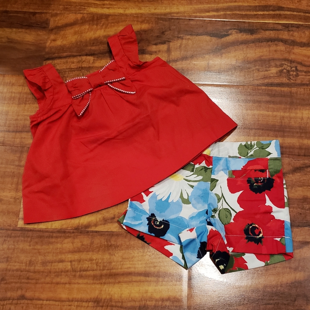 Janie and Jack NWT 3-6 months red bow blouse and floral shorts
